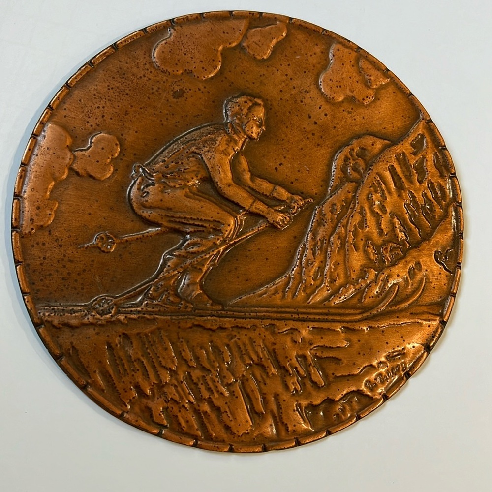 Vintage Copper Hanging with Skier and Mountain Scene